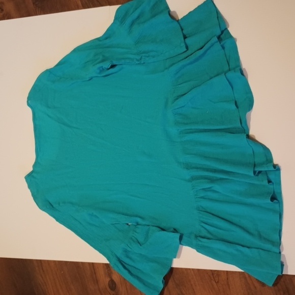 Bryan Walker Blue Asymmetrical Ruffle Hem Ruffle Sleeve Cotton Blouse A12 - Picture 5 of 6